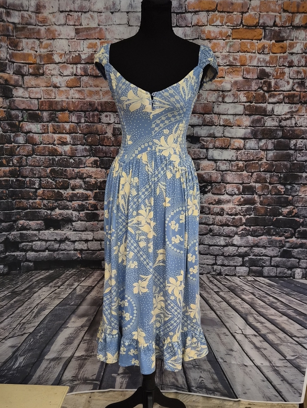 Urban Outfitters Blue & Cream Floral Off-Shoulder Midi Dress